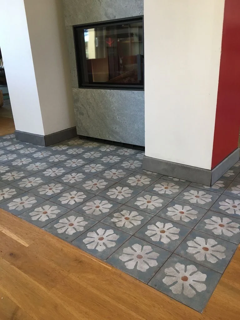 Salon avec cheminée et carreaux ciment