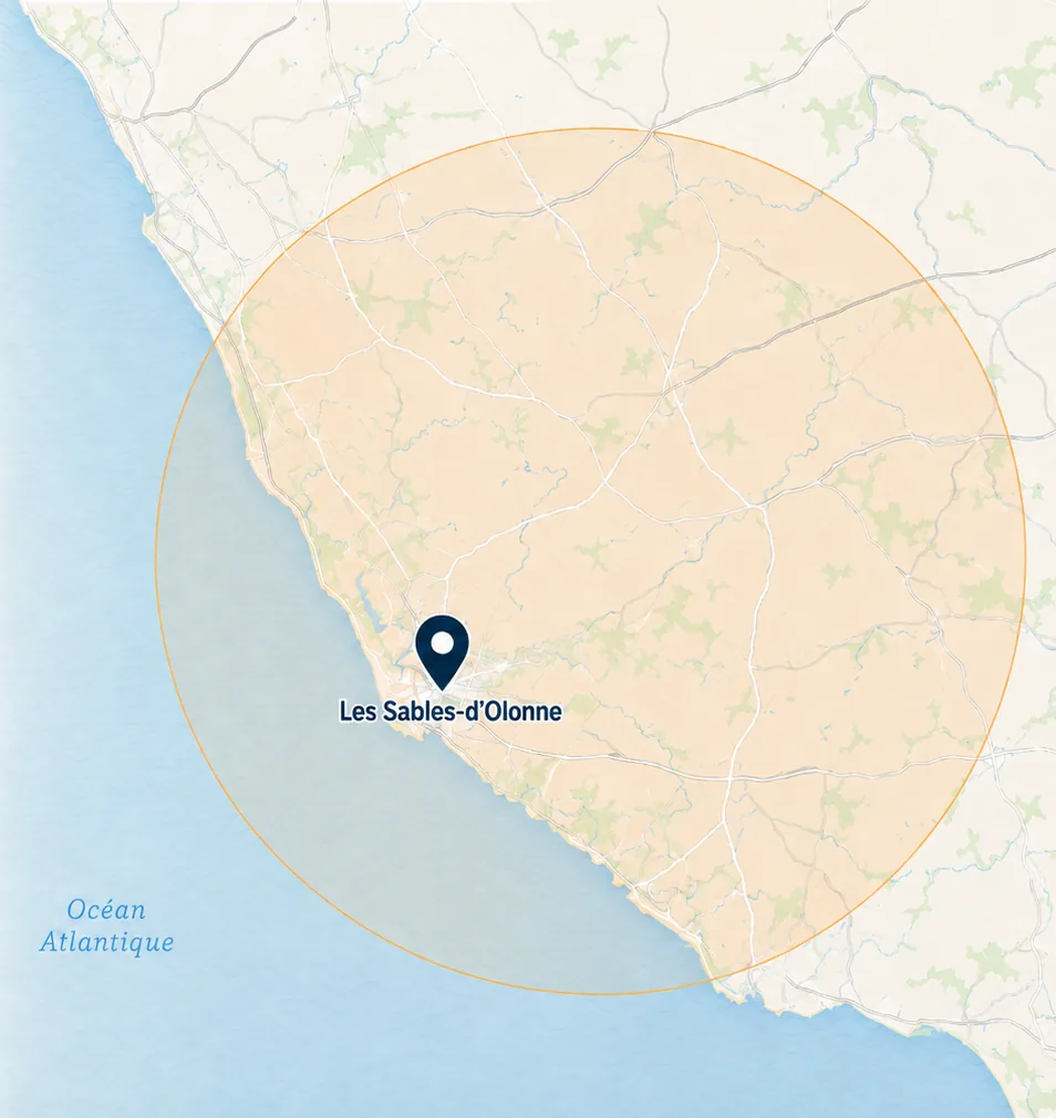 Carte de la zone d'intervention DEFI RENO autour de Les Sables d'Olonne